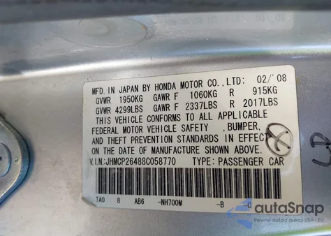 2008 Honda Accord 2.4 Lx-P z USA, uszkodzony, nr VIN JHMCP26488C058770